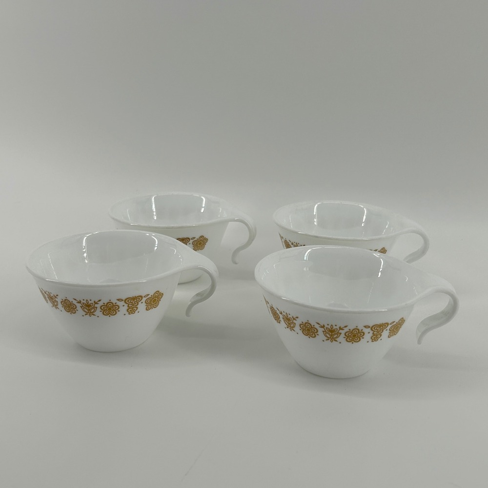 Corelle Butterfly Gold Teacups Set of 4 Hook Handle Livingware Vintage Corning